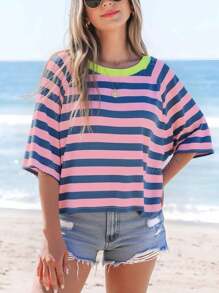 Casual Minimalist Striped Pattern Round Neck Short Sleeve Loose Women's T-Shirt, Suitable For Summer, Oversized T Shirt