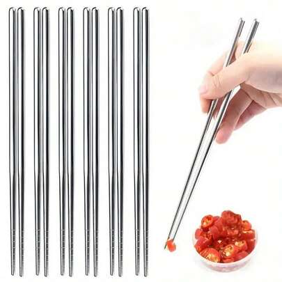 5pcs Stainless Steel Reusable Chopsticks - Non-Slip, Korean And Japanese Style Dining Utensils For Sushi, Snacks And More - Durable Kitchen Flatware Set,School Supplies