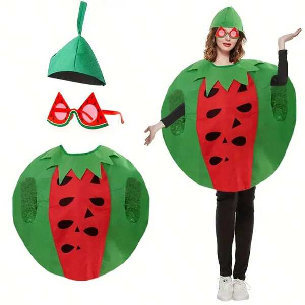 3pcs Watermelon Costume Accessories - Green Hat, Red Glasses, And Polyester Watermelon Suit For Cosplay, Summer Parties| Playful Design | Polyester Fiber