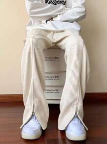 Men's Summer Corduroy Zipper Slit Wide Leg Pants, Solid Color Versatile Casual Sports Trousers