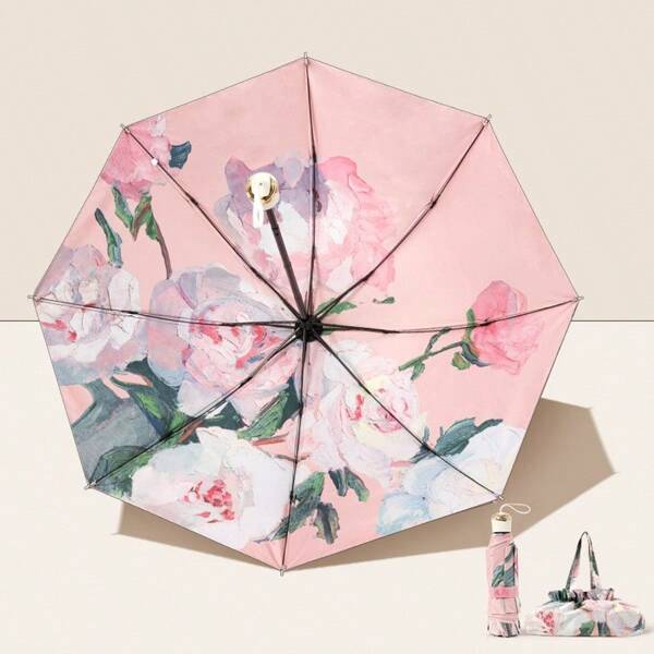 New Double-Layer Flower Print Umbrella, Women Folding Umbrella, Sunshade, Anti-UV, Reversible Compact Umbrella, Lightweight, Windproof, UPF50+, Floral Pattern