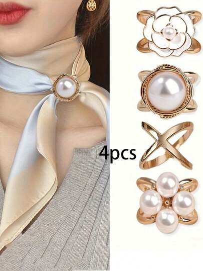 4pcs Silk Scarf Clips Set, Elegant Fashion Camellia Flower & Faux Pearl Scarf Clips, Alloy X-Shaped Bohemian Style Scarf Clips For Clothing Accessory For Dress