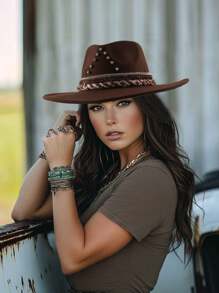 1pc FashionWomen's Western Cowboy Hat With Rhinestone Colored Rope And Matching Outdoor Travel Hat For Men And Women