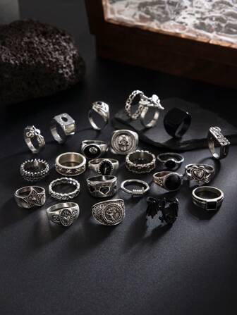 24 件时尚街头朋克风格骷髅和字母印花戒指套装，男士休闲日常配饰