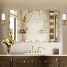 Wavy Rectangular Bathroom Mirror Wall-Mounted Modern Aluminum Alloy Mirror Fashionable Wavy Mirror Irregular Frame Rectangular Decorative Bathroom Mirror Suitable For Bedroom, Living Room, Entrance Passage, Horizontal Or Vertical