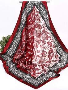 1条女士红白佩斯利印花丝巾，90厘米大号缎面方巾，丝滑柔软，可作头巾或领巾使用，适合搭配连衣裙