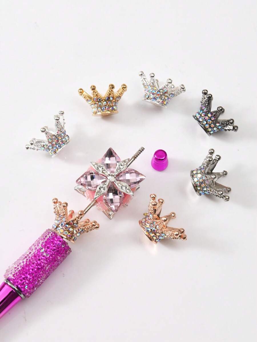 1/5pcs Multicolor Metal Rhinestone Hollow Flower/Butterfly/Heart Shaped DIY Beads, Suitable For Handmade Jewelry Making With Family, Couples, Friends - Necklace, Earrings, Keychain, Phone Charm, Decorative Gift - Crown - View 1