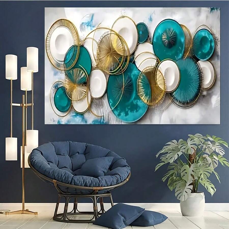 1pc Modern Circular Wall Art Print With Wooden Frame, Teal Blue & Golden Geometric Design On Canvas, Indoor & Outdoor Ready, Perfect For Living Room, Bedroom, Dining Room, Kitchen,Ready To Hang And Easy To Install. - Màu xanh Cadet - Xem 1