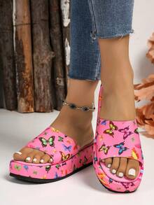 Sandalias de mujer de plataforma gruesa de estilo informal, nuevas para el verano de 2025, con estampado romántico de mariposas y dedos al aire
