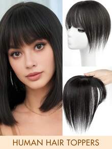 女士真人发髻，带刘海 - 丝绸底座，手工夹入式假发，遮盖白发，增加蓬松度，直棕色原生发髻，适合稀疏发质