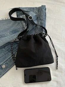Sac seau minimaliste et léger à cordon de serrage, sac bandoulière en nylon de couleur unie, convient pour les courses, le portefeuille, les courses, les jeunes femmes - Noir - Voir 4