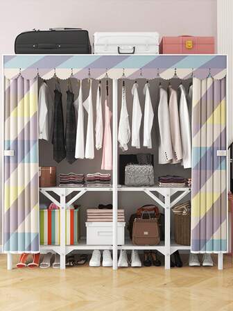 Armario plegable portátil de gran capacidad, estilo minimalista, estructura de marco de acero reforzado, resistente y estable, diseño de base plegable para una configuración fácil, con secciones para colgar y apilar para un almacenamiento organizado, apto para el hogar, dormitorio, alquiler, apartamento