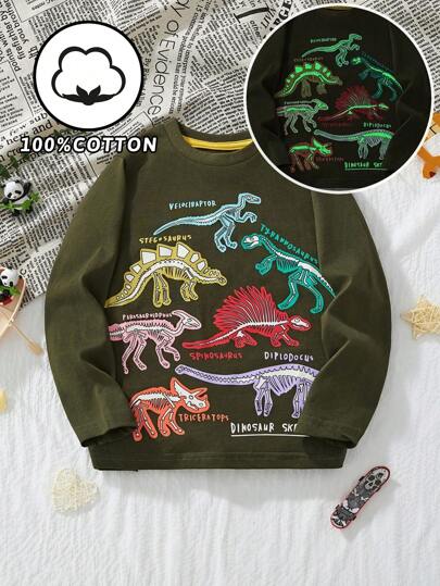Little Bitty Children Casual Outdoor Cartoon Dinosaur & Luminous Flower Graphic Crew Neck Long Sleeve T-Shirt Top, For Autumn/Winter