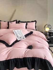 3pcs Soft & Cozy Bedding Set (1 Duvet Cover + 2 Pillow Cases), Pink & Black Ruffled Edges, Suitable For Bedroom And Guest Room - Pink - View 9