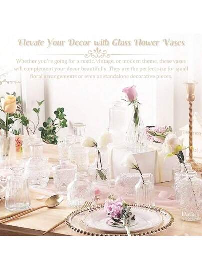 Vintage Mini Flower Vase, Various s, Small Bud Vase Centerpieces,Clear Pot Carving Perfect Rustic Wedding, Gathering Tafel ation,Home ,Flower Vase,Centerpiece,Table Birthday Graduation Room Glass view 5