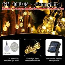 1 pieza Luces de cadena de bolas de cristal solares, resistentes al agua IP65 para uso en exteriores, luces de burbuja LED para decoración de jardín, con 8 modos, 20/50/100 leds, perfectas para acampar, decoración de tienda de campaña y ambiente acogedor de dormitorio, luces de cadena solares para jardín exterior, fiesta, Halloween, Navidad, Pascua, iluminación para acampar.
