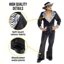 Morph Costumes Stylish Men's Pimp Costume - Black Velvet Jacket, Zebra Trim, Matching Trousers & Hat - Perfect For Halloween & Fancy Dress Events - Black - View 4