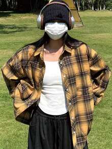 女式格子落肩长袖单排扣休闲宽松衬衫，面料拼接随机 - 黃色 - 查看 1