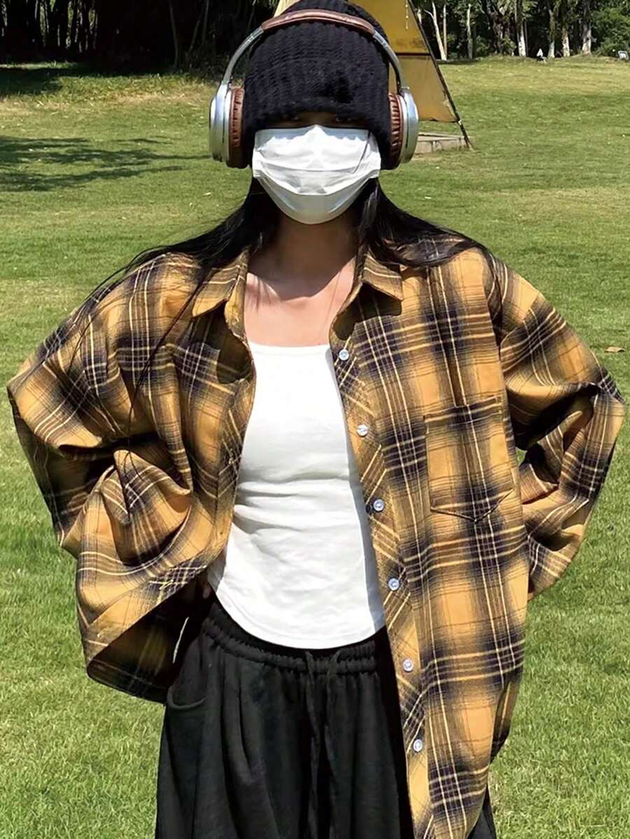 女式格子落肩长袖单排扣休闲宽松衬衫，面料拼接随机 - 黃色 - 查看 1