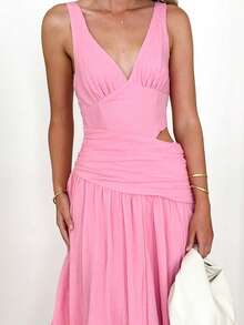 Romantic V-Neck Sleeveless Solid Color Patchwork Large Hem Long Dress, Perfect For Date Nights And Party Dresses - Hot Pink - View 6