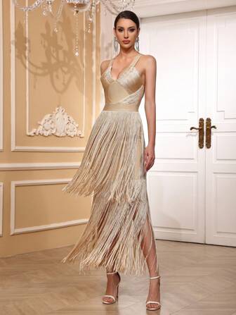 Girsdy Champagne Sexy French Style Spaghetti Strap Backless Deep V-Neck Bodycon Dress, Elegant For Party, Wedding, Business Occasion