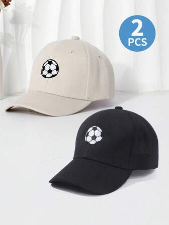 2pcs Children's Casual Baseball Cap, Embroidered Soccer & Solid Color Sun Ion Hat For Boys & Girls