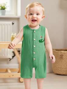 Newborn Infant Baby Boy Golf Clothes Golf Embroidery Sleeveless Summer Romper Overalls Round Neck Button Down Bodysuit Jumpsuit Casual Baby Summer One Piece Outfit - Green - View 3