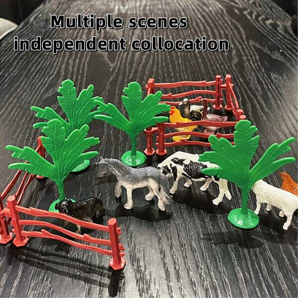 18 pièces Lot de poupées d'animaux de ferme, comprenant des clôtures et des arbres, avec des modèles de vache, mouton, cheval, poulet, canard, oie. Adapté pour la collection éducative de sciences, idéal pour anniversaire, Noël, Halloween