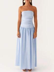Women Strapless Drop Waist Maxi Dress Y2k Long Floral Tube Dress Flowy A Line Off Shoulder Cocktail Dresses Backless Pleated Going Out Long Dress - Màu xanh lam - Xem 2