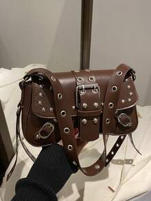 时尚纯色铆钉装饰腋下包皮扣翻盖单肩包，适合逛街、钱包、购物、年轻女性、大学生、新人、白领。非常适合办公室、大学、工作、商务、通勤、户外活动、旅行和郊游