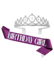 1Set Rhinestone Crown And Shoulder Strap Birthday Decor, 2pcs Women Birthday Crown And Sash - Purple - View 2