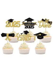 12pcs/Set 2025 Graduation Cupcake Toppers, 2025 Shiny Graduation Cupcake Decorations, 2025 Grad Class Congratulations Graduation Cap & Diploma Cupcake Picks, 2025 Blue And Black, Gold
