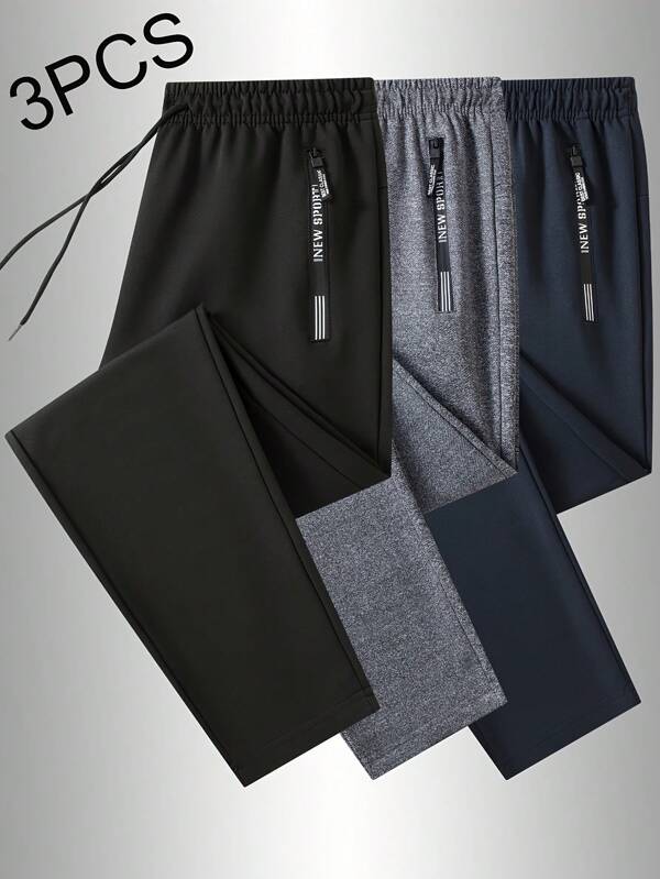3PCS Men Drawstring Waist Solid Sweatpants Long Sweat Pants Plain Black Gym Basic