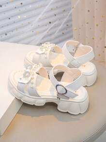 1 Pair Girls' Open Toe Crystal Bow Hook & Loop Princess Style Sandals, Non-Slip Breathable Suitable For Summer Travel & Vacation
