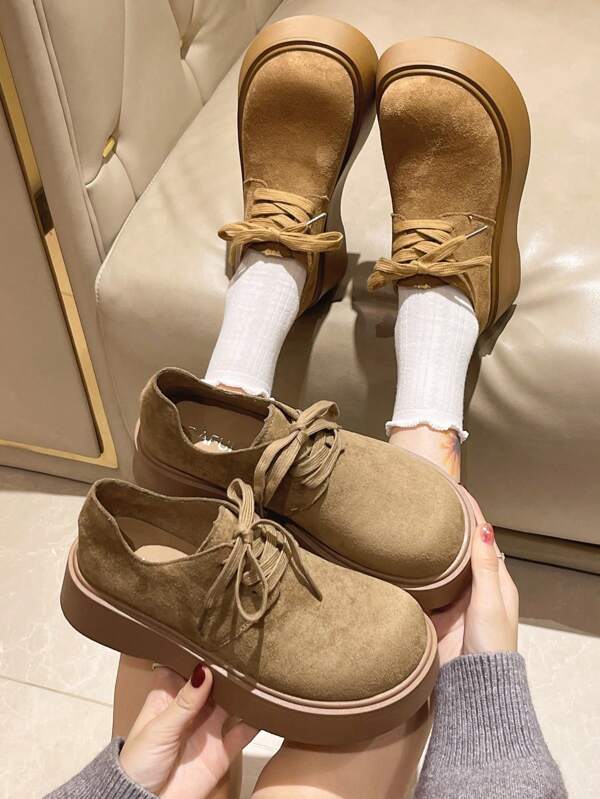 English Style Spring Lace Up & Stitching Round Toe Platform Loafers, Thick Sole Casual Fashion Shoes, Suitable For Spring & Autumn