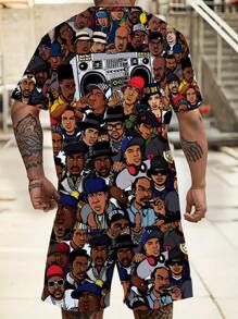 Conjunto de camiseta con estampado de graffiti en estilo hip hop para tallas grandes | Top holgado de manga corta de talla grande para streetwear | Conjunto de ropa hip hop de fibra de poliéster elástica y de secado rápido | Conjunto de moda de baile callejero para hombres jóvenes