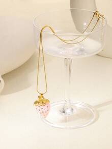 Strawberry Necklace For Women Cute Kawaii Red Pink Yellow Strawberry Pendant Necklace Stainless Steel Pendant Necklace 3D Lifelike Fruits Necklace Simulated Strawberry Necklace Fruity Jewellery ﻿ - Yellow Gold - View 5