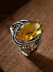 1pc Boho Style Vintage Silver Oversized Golden Cubic Zirconia Women's Ring, Wedding/Engagement/Promise Ring For Daily Wear