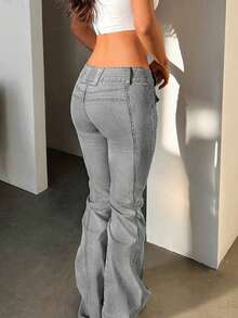 Quần jeans ống loe cạp thấp màu xám co giãn kiểu Y2K dành cho nữ, kiểu dáng gợi cảm cổ điển thanh lịch, phong cách đường phố, quần ống loe thoải mái cho kỳ nghỉ hè 2026, quần thường ngày mùa xuân. - Xám - Xem 3