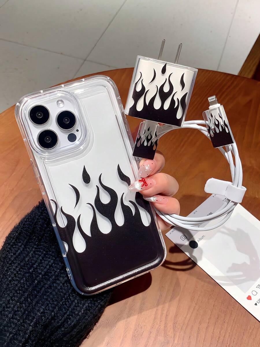 黑色火焰天使设计手机壳 + 充电线保护器，防咬线绕线器，适用于幼儿充电器保护器