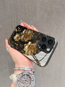 1pc Fashionable Minimalist Golden Lotus Flower Pattern Tempered Glass Phone Case, Compatible With Apple 16 Pro Max/15/14 Plus/13/12/11/XR/8P Or Galaxy S25/S24/S23 Ultra/S22/S20/Note20/Note10/A56/A53/A34/A14/A11/A05/A03S
