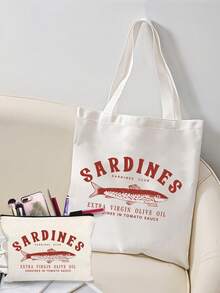 印有复古沙丁鱼和趣味字母“特级初榨橄榄油番茄沙丁鱼”的涤纶手提包兼化妆包 - 轻便、可折叠、敞口设计，饰有醒目的沙丁鱼罐头图案，可用作单肩包、书包、大容量超市购物袋、充电器收纳包、浴室收纳包，是送给女性、朋友和老师的完美礼物。