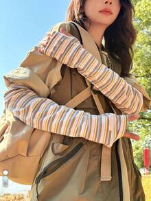 1 Pair Sweet Stripe Sun Protection Arm Sleeves For Women, Thin, Breathable, Anti-UV, Loose Fit For Summer Outdoor Driving Cycling - Pink Stripe - View 7