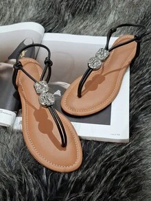 Women's Caramel Flat Sandal With Adjustable Embellishment - 黑色 - 查看 4