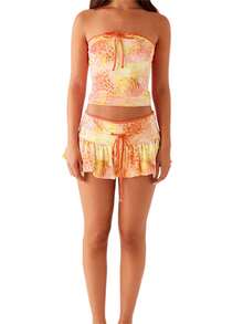 Womens Two Piece Summer Outfits Strapless Tie-Up Front Tube Tops And Mini Skirt Set Clubwear - 黃色 - 查看 5