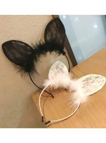 1 pièce Serre-tête élégant pour femmes avec oreilles de chat, dentelle et plumes moelleuses - accessoire cheveux en polyester non extensible pour le cosplay, les soirées déguisées, les événements extérieurs | Bandeau mode pour femmes (noir/blanc)