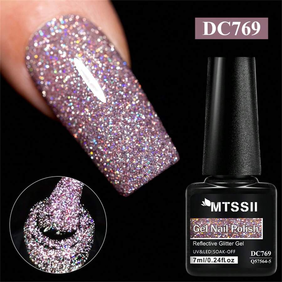 Mtssii 7ml Champagne Gold Sliver Reflective Nail Gel Polish Sparkling Shining Glitter Pink Red Color Nail Supplies Semi Permanent Soak Off UV Gel Varnish Sparkle Effect Nail Art Manicure - 彩色 - 查看 1