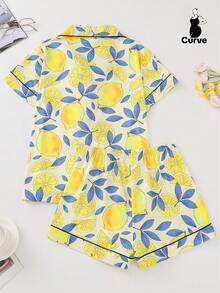 2 件套可爱柠檬印花蝴蝶结装饰大码女士睡衣套装，包括带领和纽扣的短袖衬衫、柔软面料和松紧腰短裤，适合日常、派对、居家和户外休闲穿着的时尚睡衣 - 黃色 - 查看 2