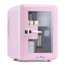 iceBlue Mini Fridge & Skincare Fridge With Transparent Window - 4L/6 Can Portable Cooler (Pink & White) For Car/Home Cosmetic & Beverage Storage - Dual-Temperature Heating/Cooling Design - Ideal Gift!