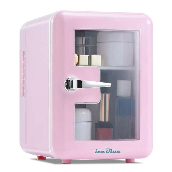 iceBlue Mini Fridge & Skincare Fridge With Transparent Window - 4L/6 Can Portable Cooler (Pink & White) For Car/Home Cosmetic & Beverage Storage - Dual-Temperature Heating/Cooling Design - Ideal Gift!